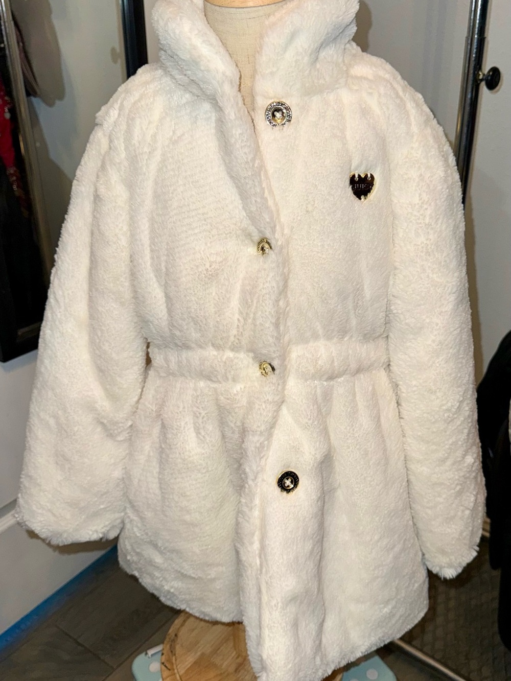 Juicy Couture Cream Faux Fur Puffer Coat with Heart Pin